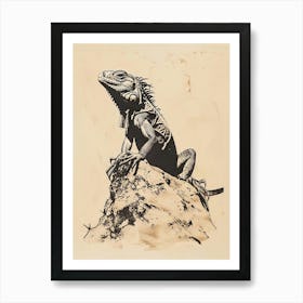 Black Cuban Iguana Block Print 4 Art Print