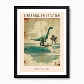 Vintage Brontosaurus Dinosaur On A Surf Board 1 Poster Art Print