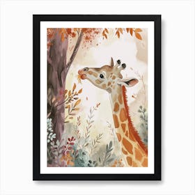 Giraffe Eating Leaves Storybook Watercolour Art Print