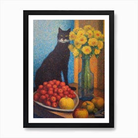 Delphinium With A Cat 1 Pointillism Style Art Print