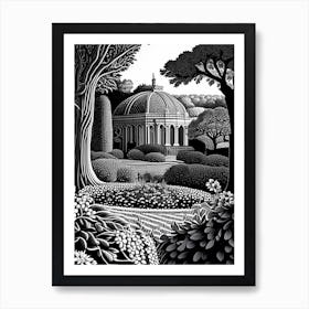 Blenheim Palace Gardens, United Kingdom Linocut Black And White Vintage Art Print