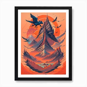 Colorful Fantasy Crows In The Sky Painting Art Print