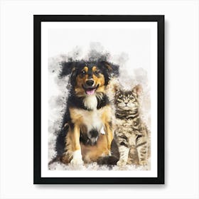 Cat And Dog Sitting Together Art Print