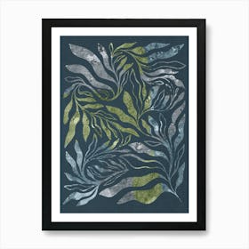 Endless Boho Elegant Moody Leaf Illustration 1/2 Dark Celestial Blue-Green Art Print