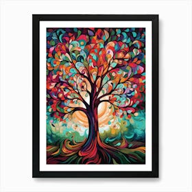 Oak Tree at Autumn Sunset, Abstract Vibrant Painting in Van Gogh Style Art Print