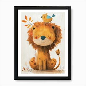 Small Joyful Lion With A Bird On Its Head 23 Art Print