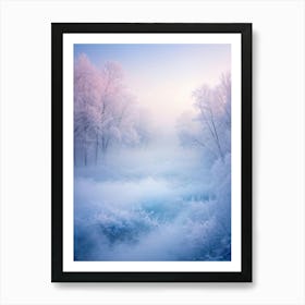 A Winter Forest Enveloped In A Dreamy Haze Mist Intertwining With Soft Colors Of Baby Blue Pink A Art Print