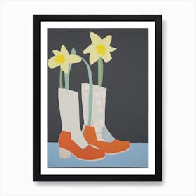 A Painting Of Cowboy Boots With Daffodil Flowers, Pop Art Style 5 Art Print