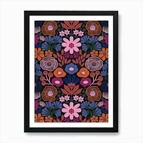 Modern Botanical Folk Art Damask Pink, Magenta, Blue, Green, Purple, Orange Art Print