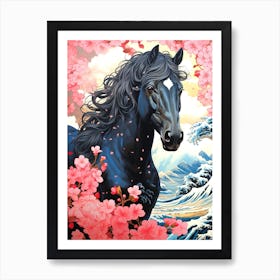 Black Horse With Cherry Blossoms Art Print