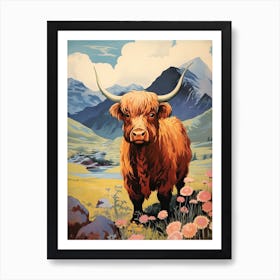 Brown Highland Bull In Picturesque Valley Art Print