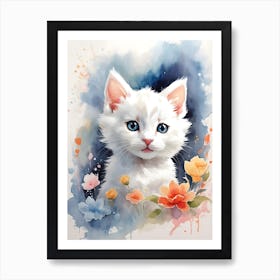 White Kitten Watercolor Art Print