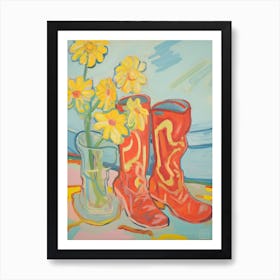 Painting Of Yellow Flowers And Cowboy Boots, Oil Style 2 2 Art Print