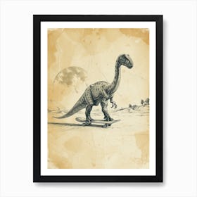 Vintage Diplodocus Dinosaur On A Skateboard 2 Art Print