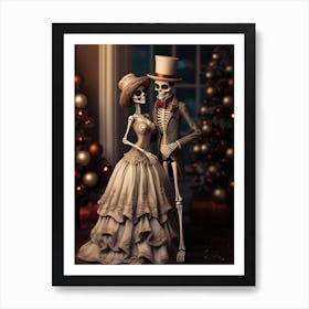 Two Skeletons Are Standing Next To A Christmas Tree Art Print