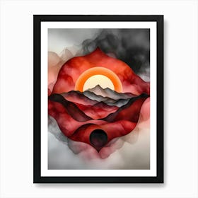 *Crimson Zenith: The Heart's Ascent" presents a powerfully evocative artwork dominated by a rich and fiery palette of reds, oranges, and blacks, suggesting a landscape imbued with intense energy and profound symbolism. A radiant, semi-circular sun or moon crests behind a series of silhouetted mountain ranges, casting a warm glow across the textured, undulating forms that comprise the foreground and surrounding atmosphere. These forms, rendered with a fluid, almost watercolor-like quality, evoke both geological strata and the visceral contours of the heart. A dark, circular void anchors the lower portion of the composition, creating a sense of depth and perhaps representing the origin or the subconscious. The overall effect is one of a dramatic and transformative moment, a visual metaphor for reaching a peak or experiencing a profound inner awakening amidst a landscape charged with emotion. This piece appears to explore themes of aspiration, emotional intensity, and the journey towards enlightenment or self-realization. The title, "Crimson Zenith: The Heart's Ascent," directly references the peak suggested by the rising celestial body and the upward movement implied within the heart or soul. The fiery colors symbolize passion, energy, transformation, and perhaps even struggle. The mountains can represent challenges or obstacles to overcome on the path of ascent. The dark void at the bottom might symbolize the starting point, the unknown, or the depths from which one emerges. The radiant light breaking through the horizon suggests hope, clarity, and the achievement of a higher state. "Crimson Zenith: The Heart's Ascent" can be interpreted as a visual representation of the arduous yet ultimately rewarding journey of personal growth, the power of the human spirit to rise above challenges, and the intense emotions that often accompany moments of profound transformation and reaching one's highest potential. Art Print
