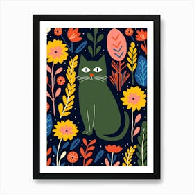 Green Cat With Flowers Art Print
