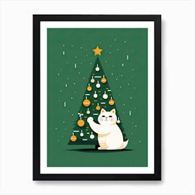 Christmas Tree and White Cat Art Print