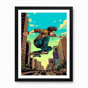 Skateboarding In New York, City United States Comic Style 4 Art Print