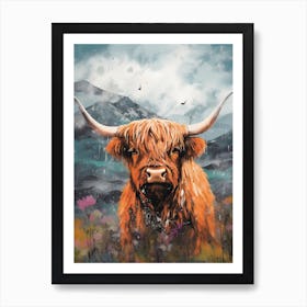 Cloudy Painting Style Of Highland Cow In Storm Art Print