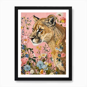 Floral Animal Painting Mountain Lion 4 Art Print