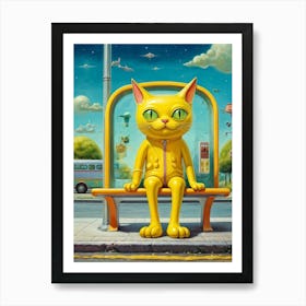 Extraterrestrial Cat With Yellow Cat Eyes Waiting At A Bus Stop Whimsical And Friendly Demeanor Su 1 Art Print