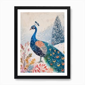 Folky Peacock In A Snow Scene 2 Art Print