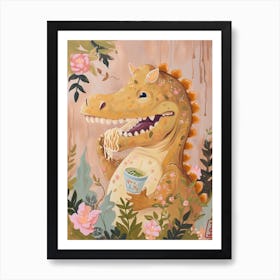 Dinosaur Eating Noodles Pastel Art Print