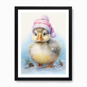 Duckling In A Christmas Hat Winter Scene Illustration Art Print