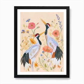 Folksy Floral Animal Drawing Crane Art Print