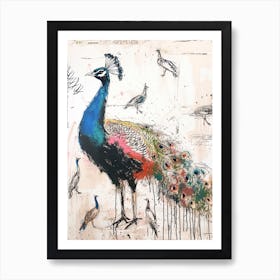 Peacock & Birds Messy Sketch Art Print