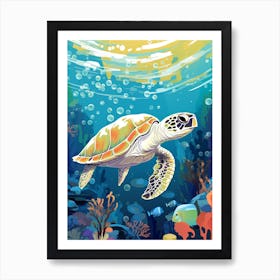 Block Colour Turtle Swimming Aqua 3 Art Print