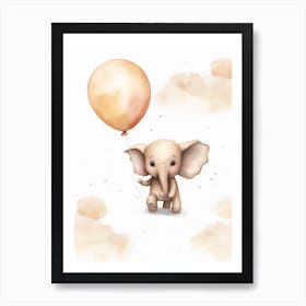 Baby Elephant Flying With Ballons, Watercolour Nursery Art 3 Art Print