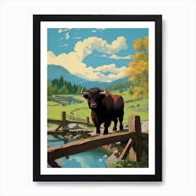 Brown Bull Crossing The Bridge With The Blue Sky Art Print