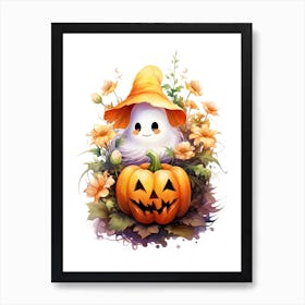Cute Ghost With Pumpkins Halloween Watercolour 121 Art Print