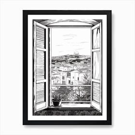 Window View Of Athens Greece   Black And White Colouring Pages Line Art 3 Art Print