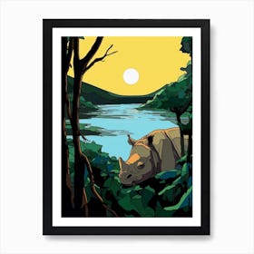 A Rhino Peeking Out Behind Leaves 1 Art Print