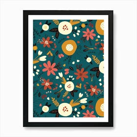 Abstract Scandinavian Floral Red, Ochre, White, Teal Blue Art Print