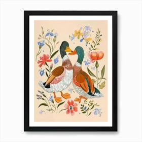 Folksy Floral Animal Drawing Duck 4 Art Print