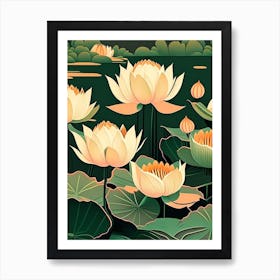 Lotus Flowers In Park Retro Illustration 3 Art Print