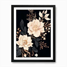 Flowers And Leaves On A Black Background Art Print