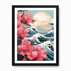 Great Wave With Rhododendron Flower Drawing In The Style Of Ukiyo E 2 Art Print
