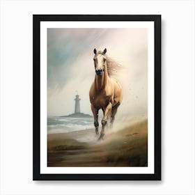 Horse Painting Running On The Beach With A Lighthouse Art Print