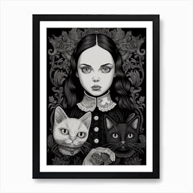 Wednesday Addams And A Cat Line Art Noveau 1 Fan Art Art Print