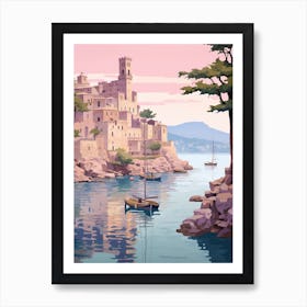 Korcula Croatia 4 Vintage Pink Travel Illustration Art Print