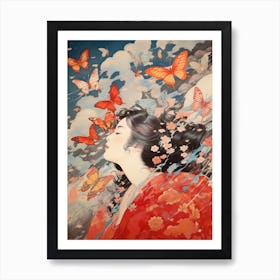 Butterflies & Woman In The Wind Japanese Style Painting Art Print