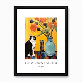 Cats & Flowers Collection Daffodil Flower Vase And A Cat, A Painting In The Style Of Matisse 4 Art Print