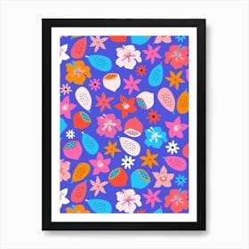 Bright and Bold Tropical Fruits and Flowers - Pink Red Orange Blue Art Print