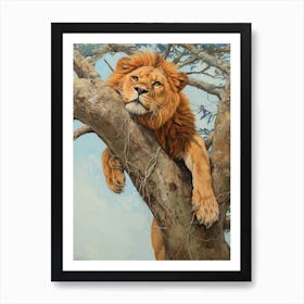 African Lion Climbing A Tree Acrylic Painting 1 Art Print