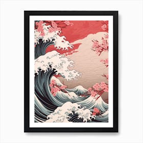 Great Wave With Cherry Blossom Flower Drawing In The Style Of Ukiyo E 2 Art Print